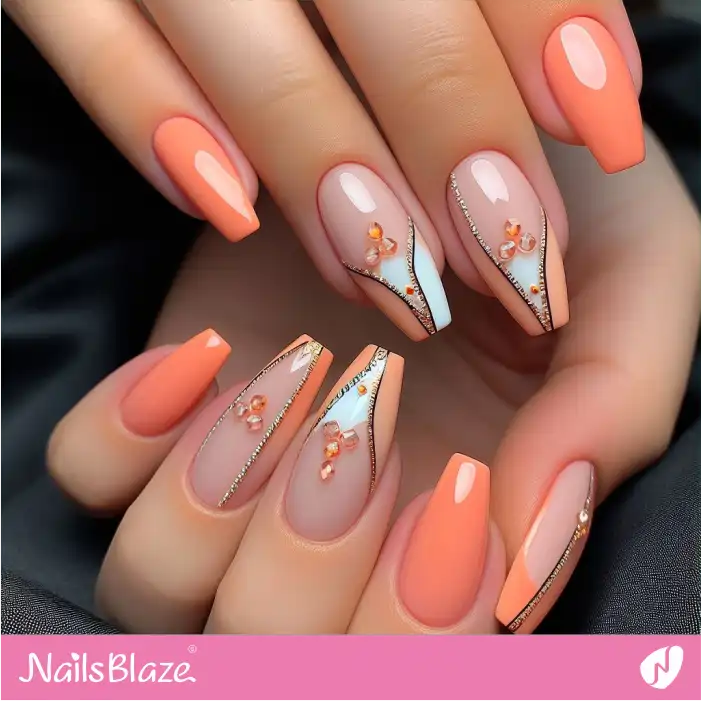 Embellished Peach Fuzz Geometric Nails | Color of the Year 2024 - NB1919